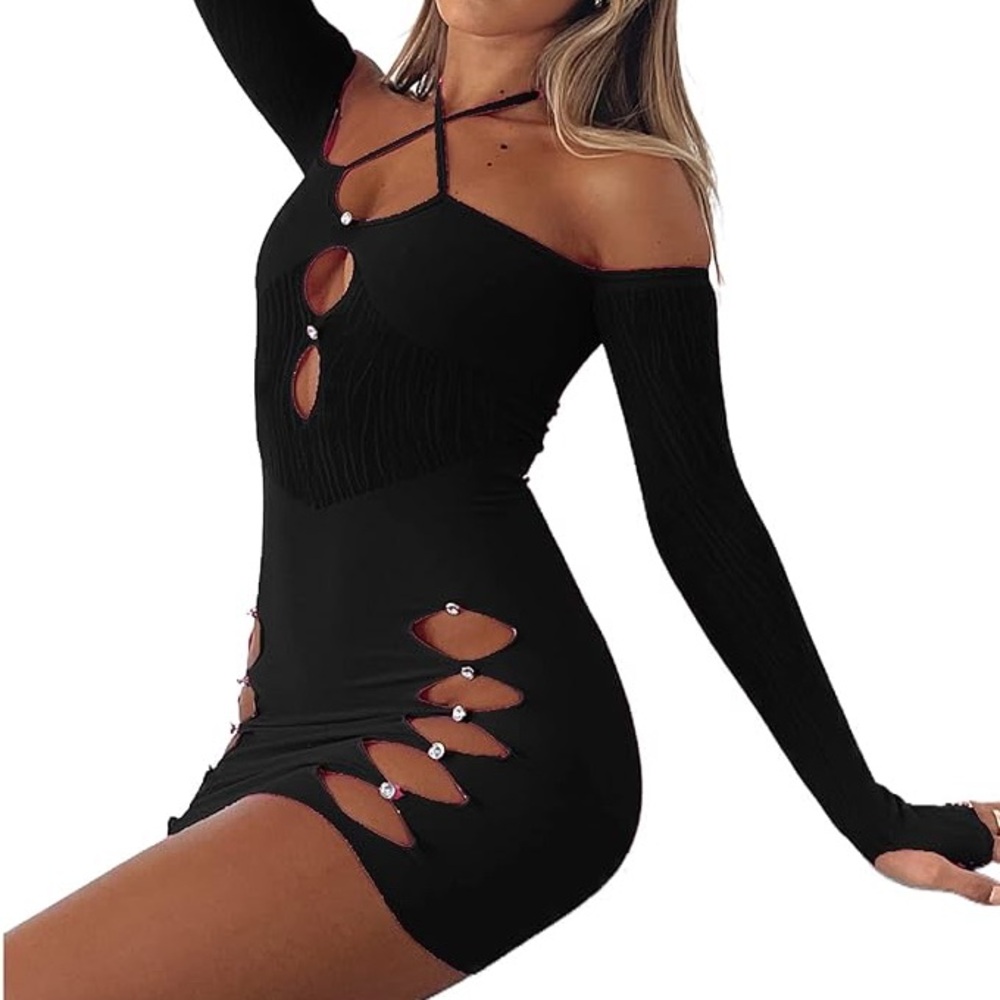 Women Cut Out Bodycon Mini Dress Long Sleeve Night Party Club E Girl Streetwear - Picture 3 of 5